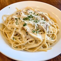 Italian Alfredo Pasta. Creamy Sauce Spaghetti Food meal with cheese 
