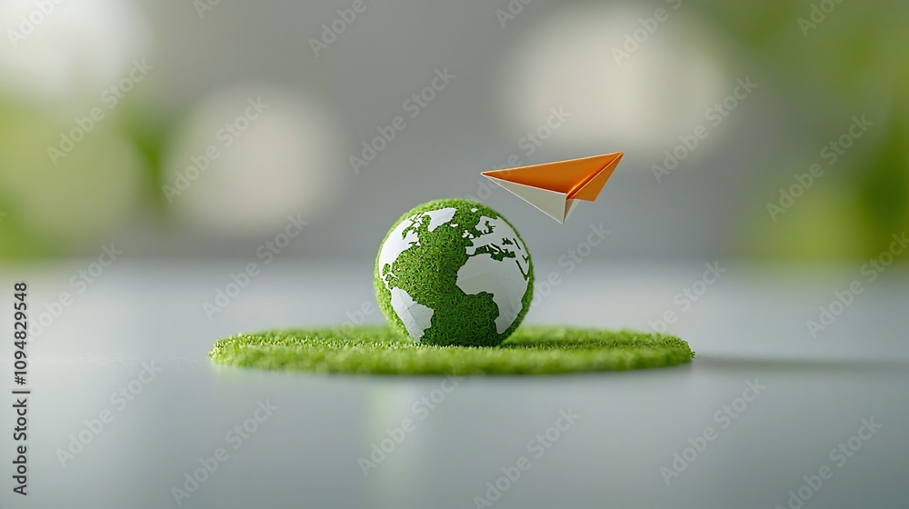 Aufkleber Close up view of a simple paper plane gracefully gliding around a green globe symbolizing the concept of sustainable energy and environmental care