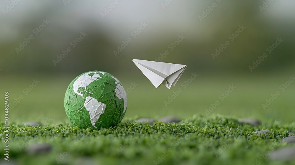 Aufkleber close up view of a paper airplane flying around a green globe emphasizing the concept of clean energ