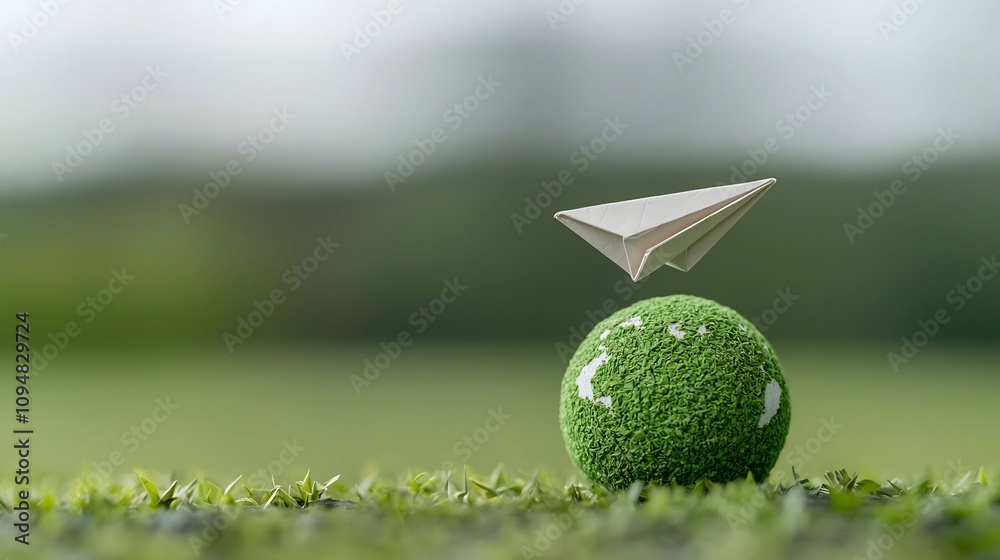 Aufkleber Close up of a paper plane gracefully flying around a green terrestrial globe visually emphasizing the concept of clean renewable energy and sustainable environmental practices