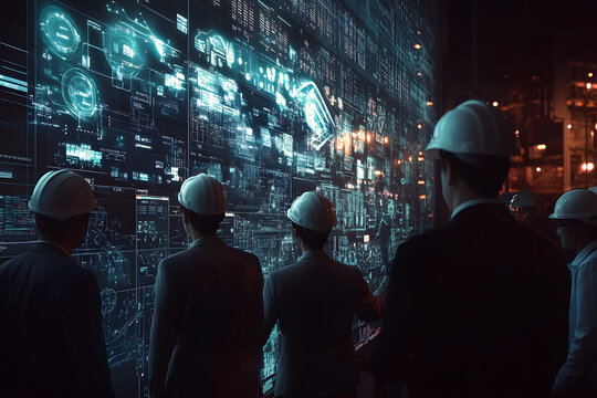 professional engineers group technology digital display project data operational metrics industrial construction plant site workflow diagrams performance analytics analysis