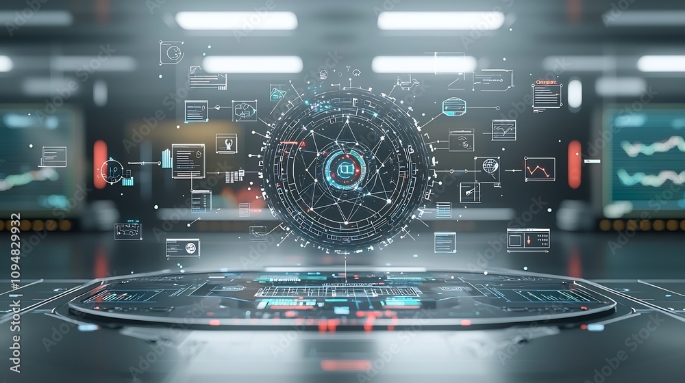 Poster Silhouettes of people observing and analyzing a digital business network with interconnected nodes surrounded by floating 3D graphs charts and interactive data visualization tools