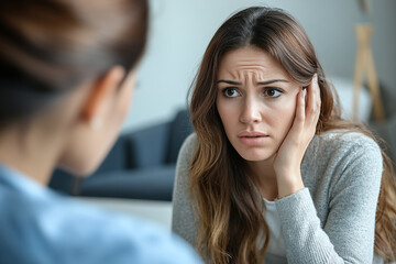 A concerned female patient during consultation, medical environment.