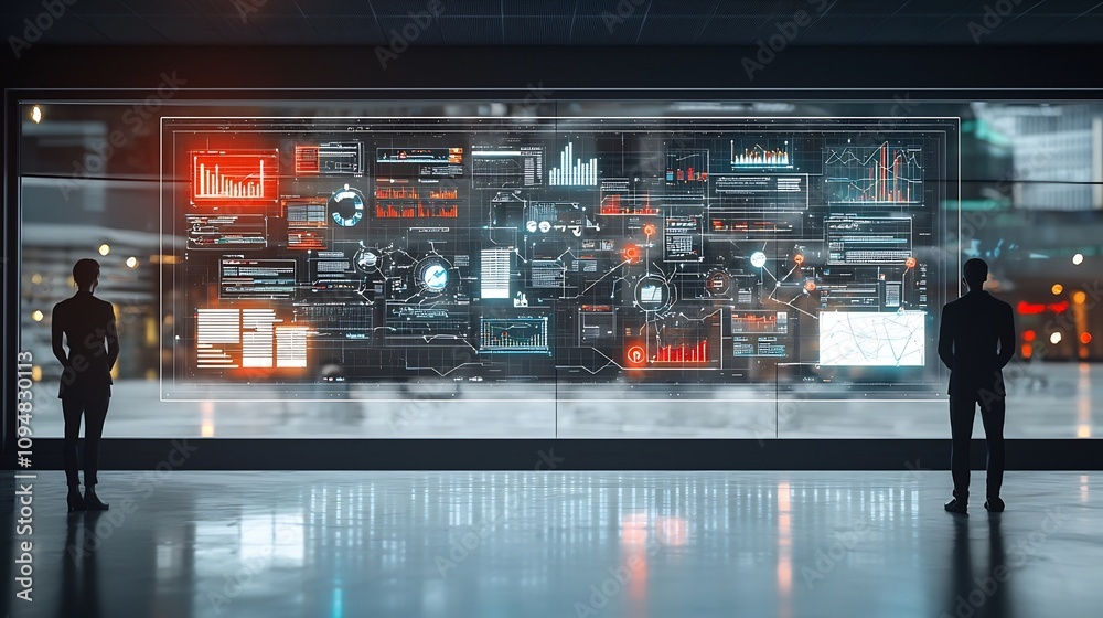Poster Silhouetted figures observed a futuristic network of interconnected data graphs business nodes and digital tools