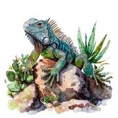 Fototapeta premium Vibrant Green Iguana Perched on a Rock Amongst Lush Tropical Plants, Watercolor Style Illustration.