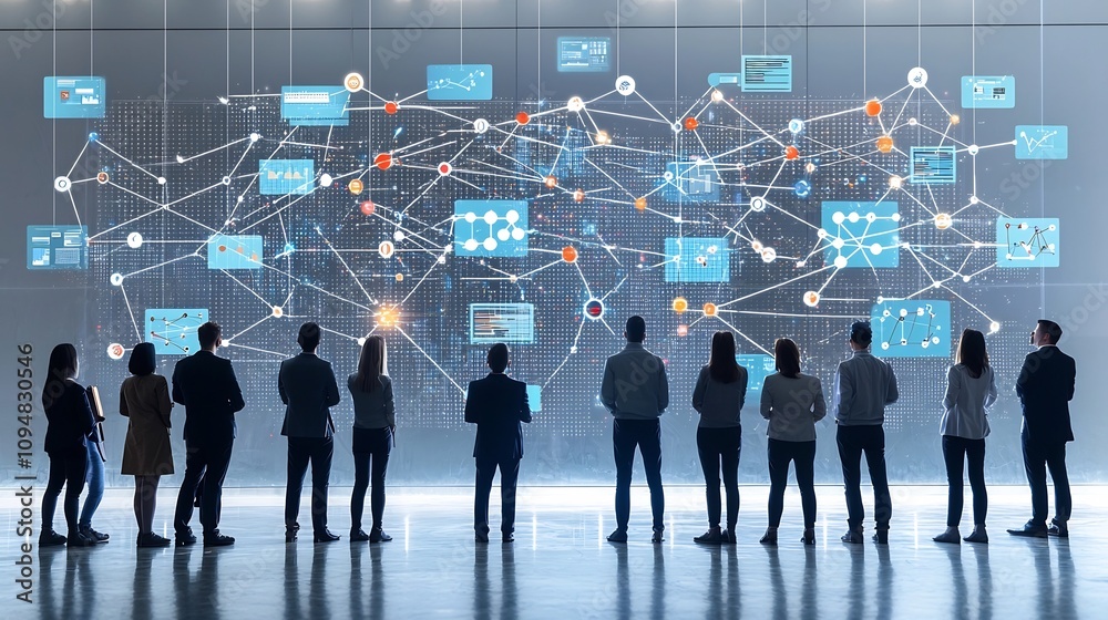 Poster Silhouetted group of professionals standing before a complex digital network with interconnected nodes and interactive floating 3D data visualizations symbolizing the analysis of technology