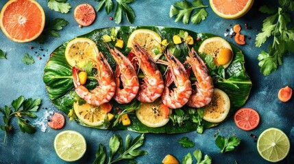 A dramatic shot of large grilled shrimp served on a banana leaf, surrounded by fresh tropical fruits and herbs, creating a vibrant and exotic presentation.