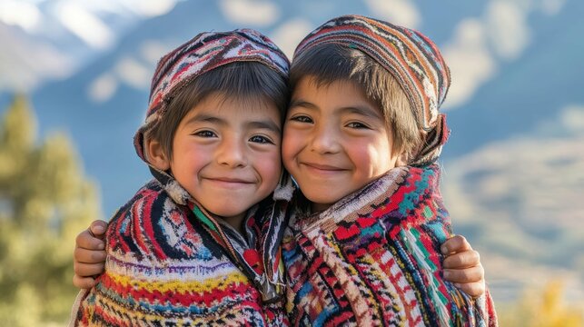 Bonding in Mapuche Heritage: Joyful Twin Siblings in Traditional Attire Amidst Serene Mountains