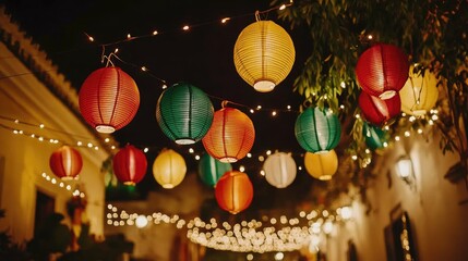 A dynamic shot of colorful paper lanterns hanging above a decorated outdoor space, casting a warm glow and creating a festive celebration atmosphere.