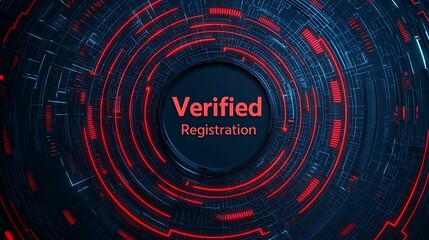 Register verification. A circular digital design featuring the words "Verified Registration" in bold red, set against a dark, high-tech background with intricate patterns.