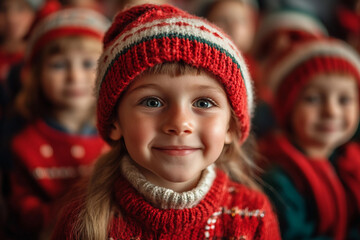 Fototapeta premium Generative AI image of a smiling girl in a red hat and sweater, celebrating the New Year at school with classmates in festive attire