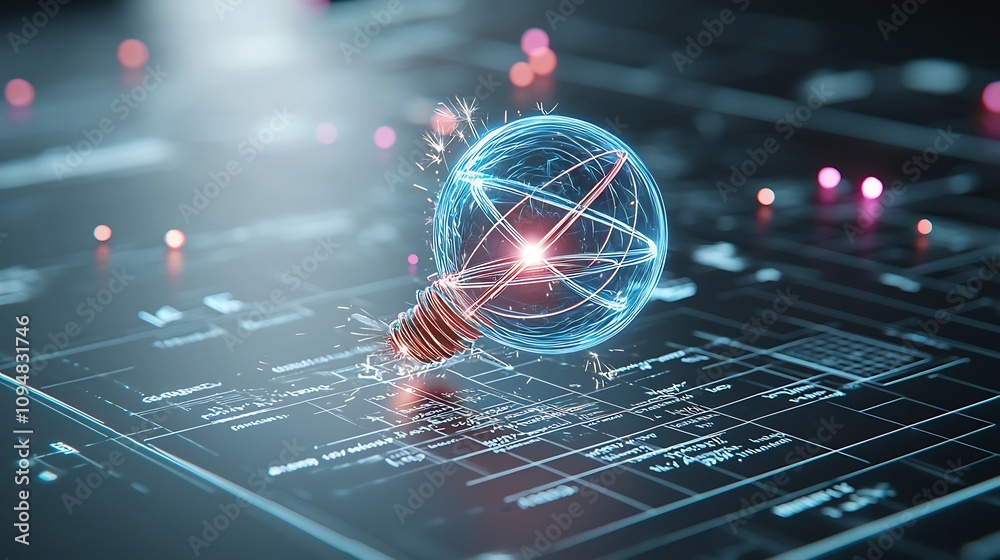 Aufkleber Mesmerizing 3D rendering of physics formulas illuminated by pulsing plasma energy with glowing molecules and sparks in a dynamic contrasting palette of vivid blue and red pink tones  A striking