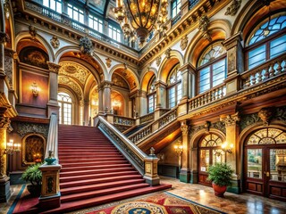 Obraz premium A Grand Staircase Hall with Luxurious Opulence and Architectural Intricacies Bathed in Natural Light, Perfect for Interior Design and Architectural Photography Needs