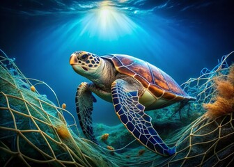 Fototapeta premium A haunting double exposure of a sea turtle entangled in a fishing net, set against a deep blue background, symbolizing the urgent need for ocean conservation and marine wildlife protection.