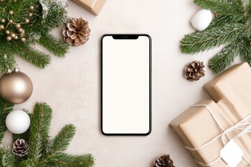 Christmas smartphone screen surrounded by festive decor and gift on holiday background