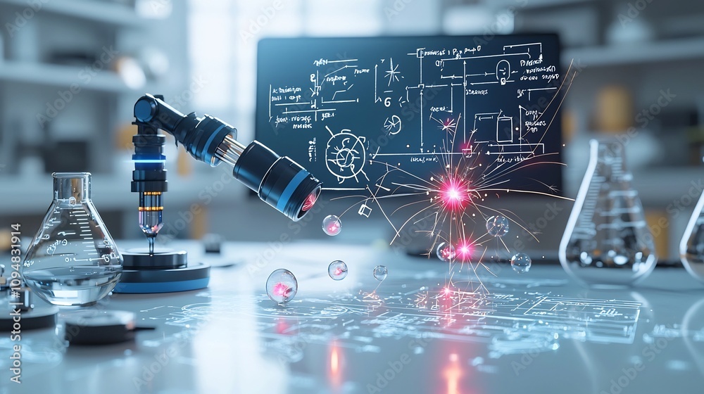 Poster Striking abstract featuring physics formulas and molecules surrounded by dynamic plasma energy neon sparks and high contrast blue and pink red tones evoking a futuristic and technological aesthetic