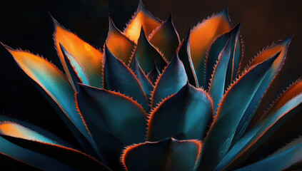 Flowing abstract macro photography of orange and teal leaf patterns