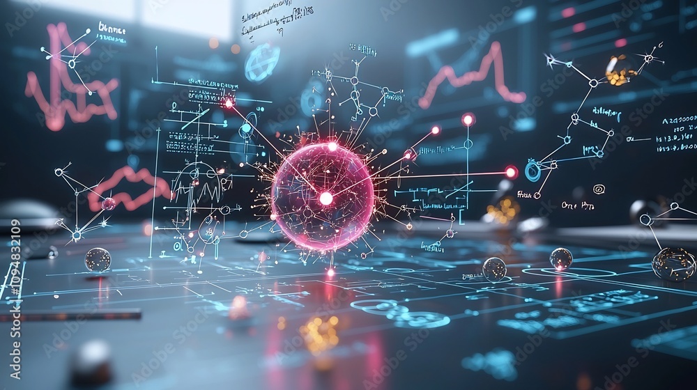 Poster stunning digital depicting glowing plasma energy sparks surrounding swirling physics equations and m
