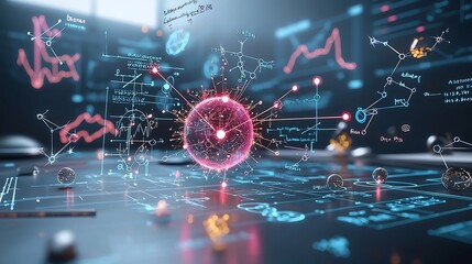 Stunning digital depicting glowing plasma energy sparks surrounding swirling physics equations and molecular structures in a high contrast neon blue and pink red tone