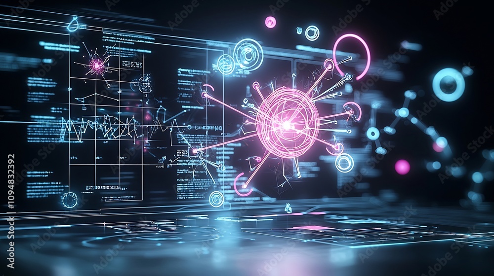 Fototapete striking and futuristic digital featuring neon high contrast physics symbols surrounded by plasma en