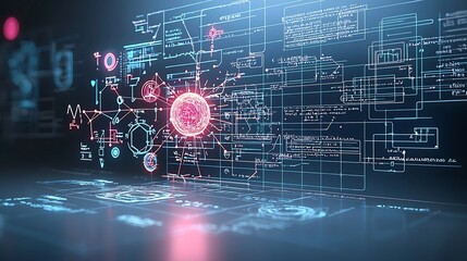 Captivating digital showcasing glowing plasma formulas swirling molecular structures and dynamic energy sparks in a vibrant futuristic neon color palette of blue and pink red hues