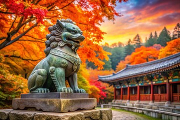 Ancient Temple Guardian Dog Amidst Vibrant Autumn Foliage with Serene Landscape Backdrop Featuring Colorful Leaves and Historic Architecture