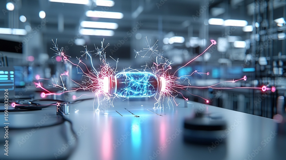 Poster Luminous Physics Equations and Molecular Plasma Sparks in Vibrant Contrasting Tones of Blue Pink and Red  Abstract of Scientific Formulas and Glowing Energy Particles in a Futuristic