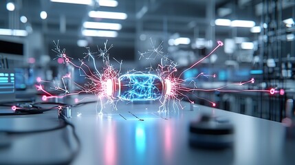 Luminous Physics Equations and Molecular Plasma Sparks in Vibrant Contrasting Tones of Blue Pink and Red Abstract of Scientific Formulas and Glowing Energy Particles in a Futuristic