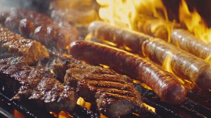 A grill filled with a variety of barbecue meats, including sausages and steaks, with flames dancing around them, creating a dynamic and appetizing scene.