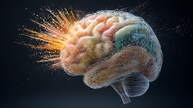The concept art depicts a human brain exploding with vibrant colors and intricate details, symbolizing an overflow of knowledge and creativity bursting forth from within