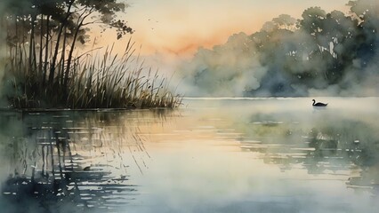 A serene watercolor landscape of a misty river at dawn, featuring silhouettes of trees and a solitary duck on the water, evoking tranquility and natural beauty