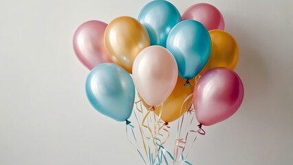 A vibrant arrangement of colorful balloons against a neutral background, perfect for celebrations and festive occasions