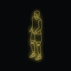 Neon sign of a young man with prosthetic legs standing in a dark space