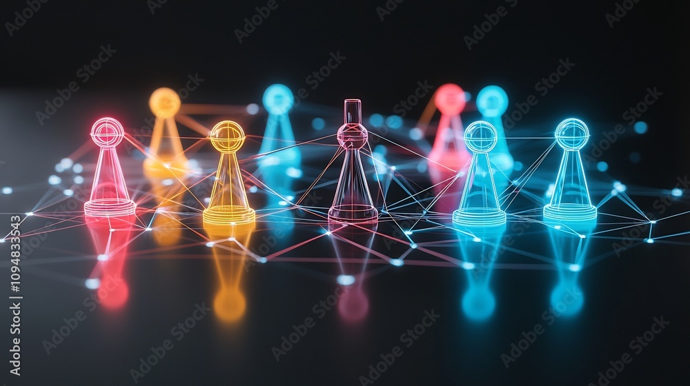 Aufkleber Vivid and dynamic neon network of colorful game pieces connected by glowing lines on a reflective black background creating a futuristic and high tech visual for technology gaming