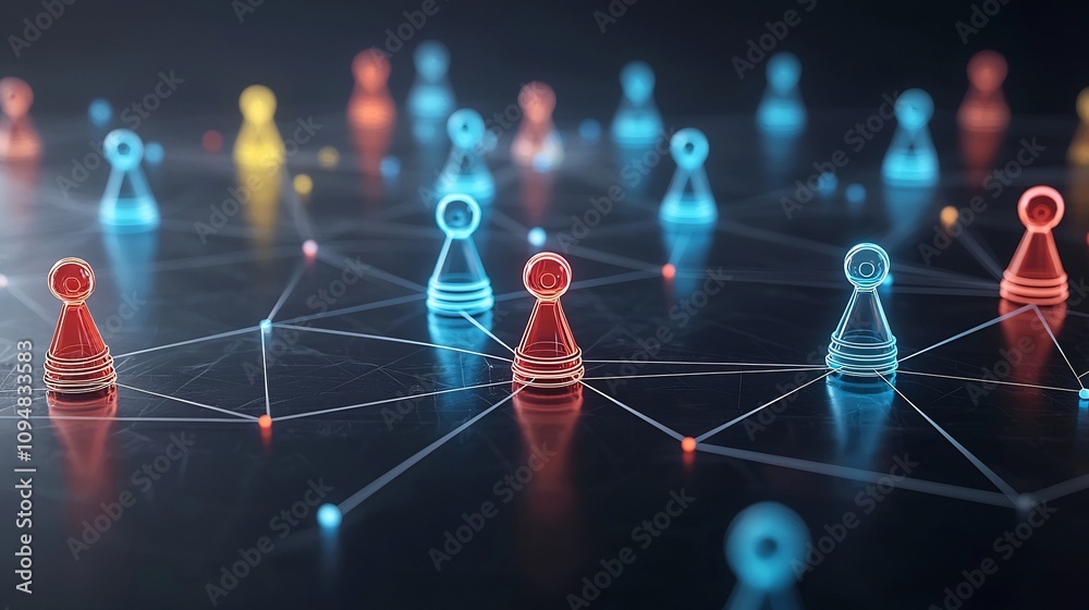 Poster Futuristic neon network of interconnected game inspired elements in various vivid colors against a sleek black background creating a high tech digital and innovative visual concept