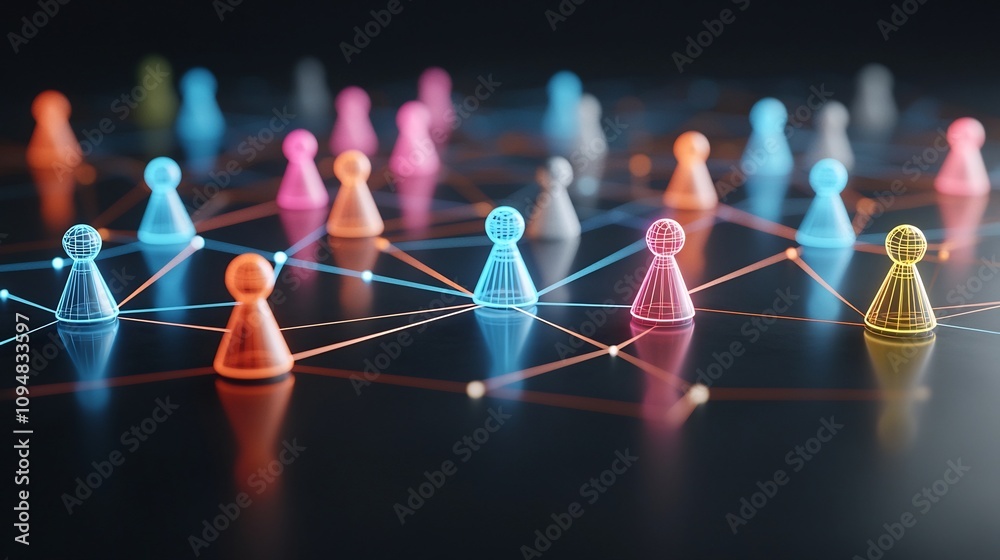Poster Futuristic neon network of interconnected game pieces in various colors with glowing lines on a reflective black background creating a dynamic and high tech digital art visualization