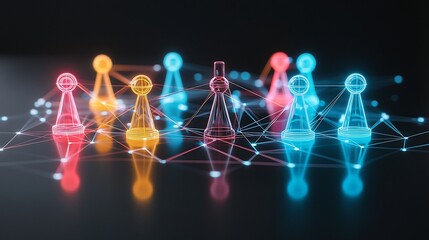 Vivid and dynamic neon network of colorful game pieces connected by glowing lines on a reflective black background creating a futuristic and high tech visual for technology gaming