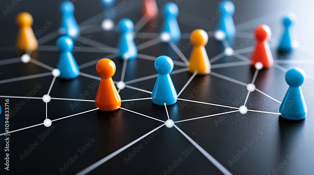Aufkleber Futuristic neon glowing network of game pieces connected by bright lines on a sleek black surface representing the concepts of strategic planning in a modern digital and innovative way