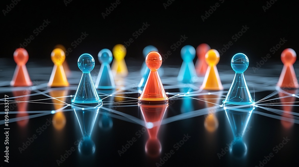 Poster Interconnected neon game pieces in various colors suspended in a reflective black digital landscape creating a futuristic high tech visualization of a complex network or matrix
