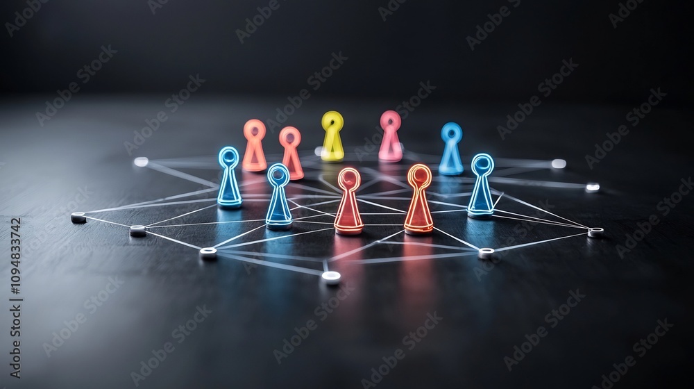 Fototapete Futuristic neon game pieces connected in a glowing web on a sleek black surface symbolizing the concept of social networking and digital interaction in a modern abstract way
