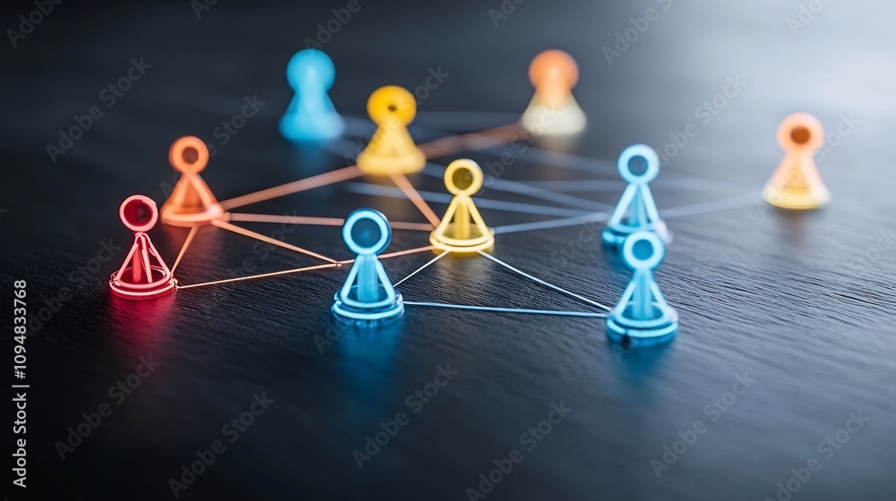 Poster Futuristic neon game pieces connected in a glowing digital web on a sleek black surface symbolizing social networking online interaction and technological innovation
