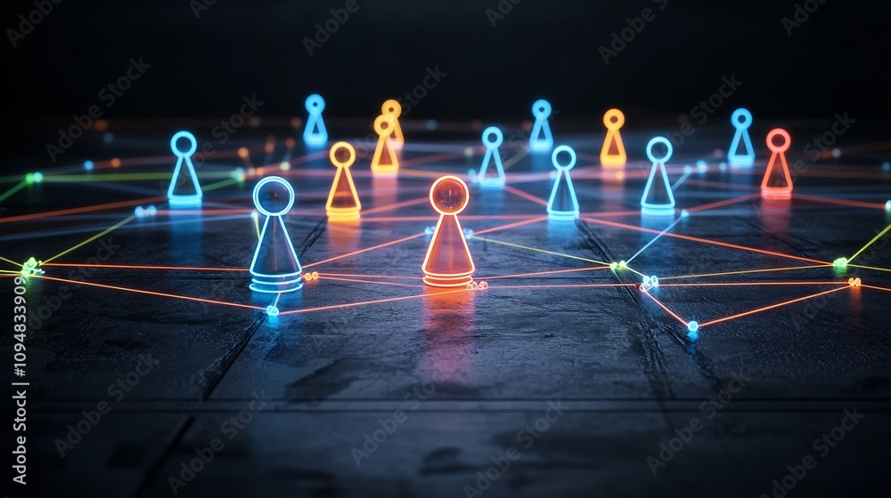 Poster Vibrant neon network of interactive game pieces in bright colors connected by glowing lines on a dark glossy background showcasing the concept of digital innovation