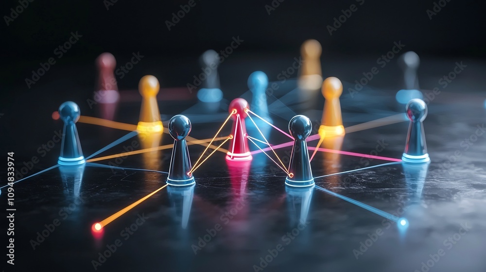 Aufkleber Neon network of brightly colored and connected game pieces on a dark glossy background creating an abstract and futuristic design for concepts of digital innovation
