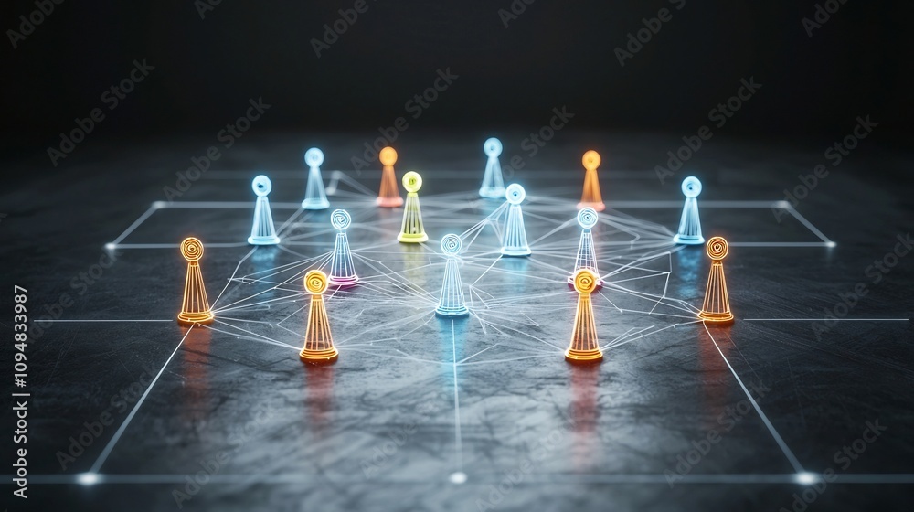 Poster Futuristic neon game pieces connected in a glowing web on a sleek black surface symbolizing the concept of social networking and digital interaction in a modern innovative way