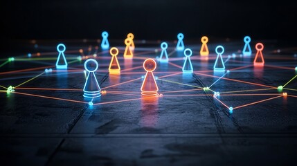 Vibrant neon network of interactive game pieces in bright colors connected by glowing lines on a dark glossy background showcasing the concept of digital innovation