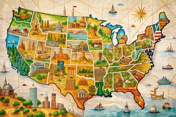 Architectural Photography of a Detailed U.S. Map Drawing Showcasing Iconic Landmarks, Cities, and Geographical Features with a Modern Artistic Touch in a Bright Color Palette