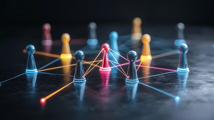 Neon network of brightly colored and connected game pieces on a dark glossy background creating an abstract and futuristic design for concepts of digital innovation