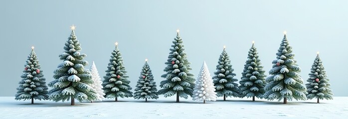Obraz premium Collection of Christmas trees in the snow isolated on transparent background. Realistic 3D render. 3D illustration