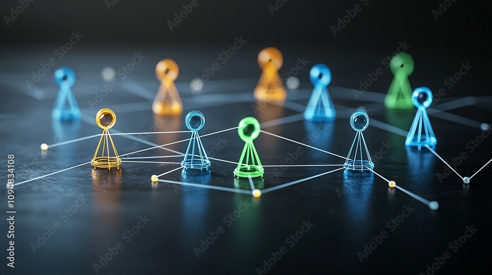 Poster Vibrant neon glowing game pieces in blue green yellow and orange colors connected by dynamic lines creating a futuristic abstract network design on a dark black background