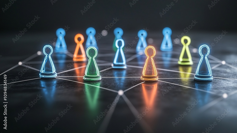 Fototapete neon glowing game pieces in vibrant colors of blue green yellow and orange connected by lines creati